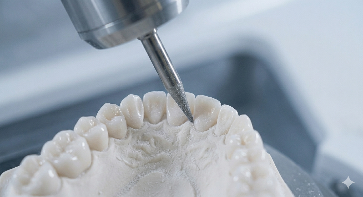 Trapano dentale che modella un modello di denti in gesso bianco