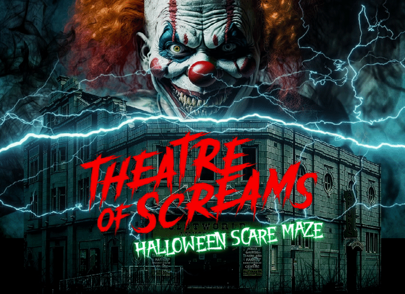 Theatre of screams artwork and social media design by Pickle, for Ashton Under Lyne based scare maze by Monopoly Events