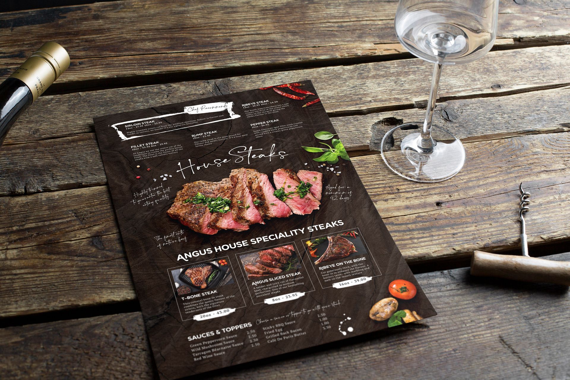 Angus Steakhouse menu design on table