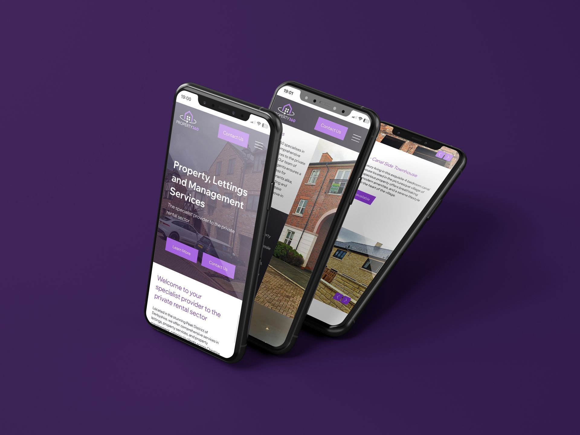 Three smartphones displaying a website with purple accents.