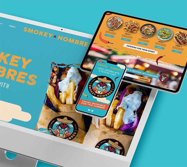 Website and mobile app mockups for Smokey + Hombres, showcasing food and branding on tablet, phone, and laptop.