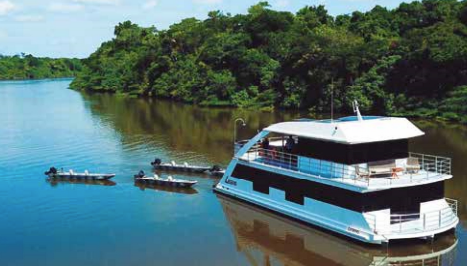 Luxury Amazon River liveaboard fishing boat at remote destination