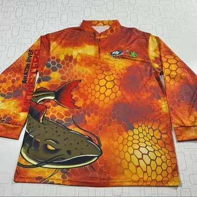 Orange Amazon River Monsters fishing jersey apparel with fish scale pattern
