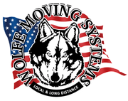 Logo for Wolfe Moving Systems with a wolf head, American flag, and text
