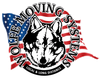 Logo for Wolfe Moving Systems with a wolf head, American flag, and text