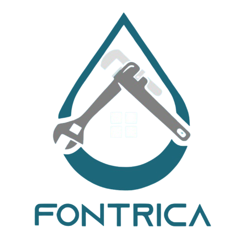Logotipo de Fontrixa con contorno de gota de agua color turquesa y llave inglesa y alicates cruzados en gris.