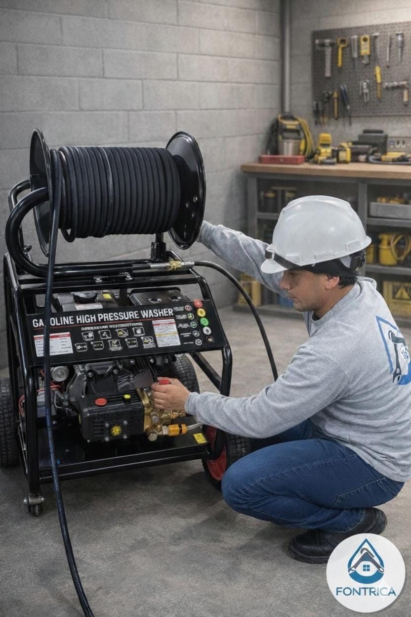 Técnico con casco ajustando una máquina enrolladora de mangueras en un taller mecánico.