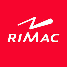 Logotipo de RIMAC en blanco sobre fondo rojo brillante