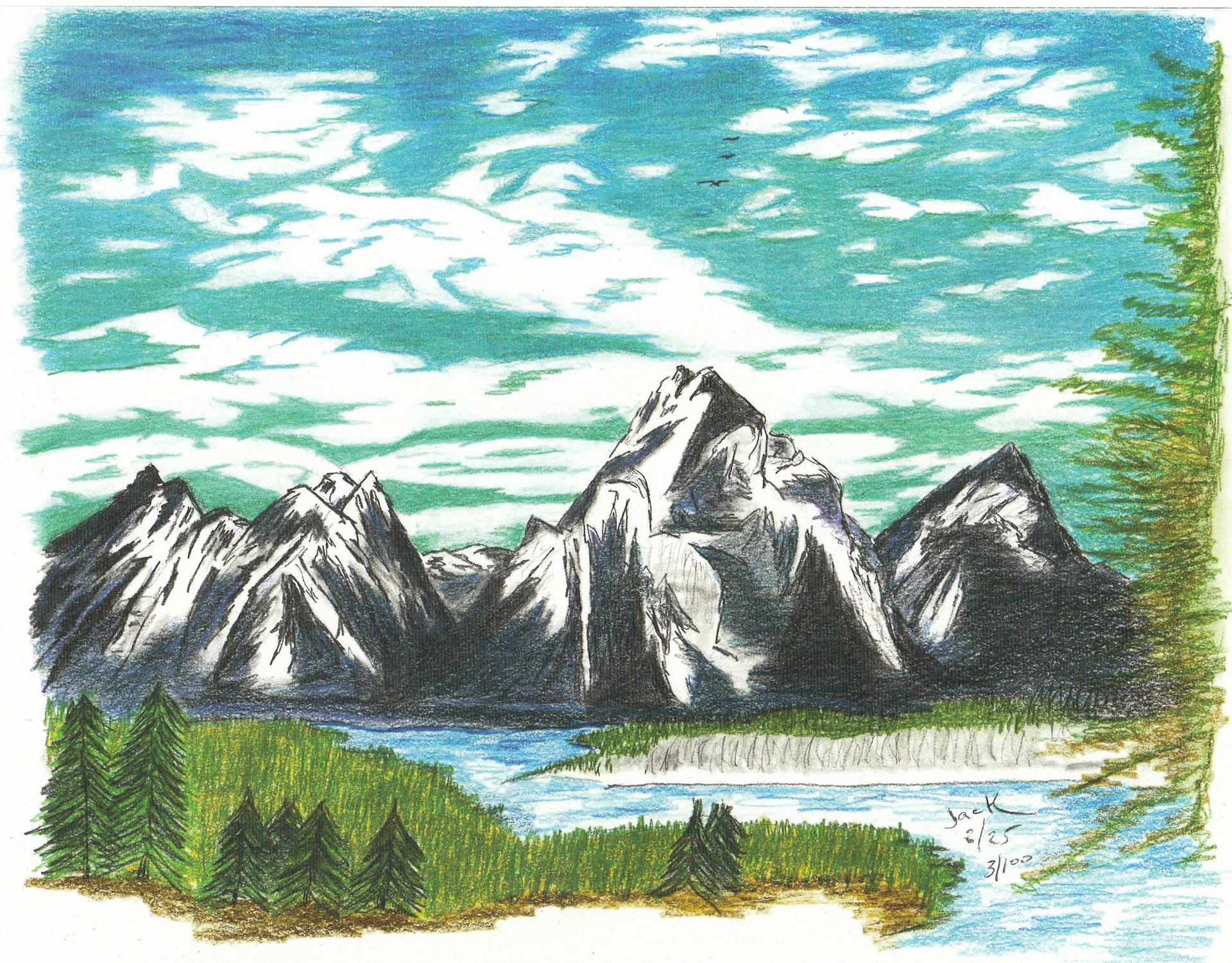 Snowy mountain range beside a blue lake under a turquoise sky with clouds and green forest in the foreground