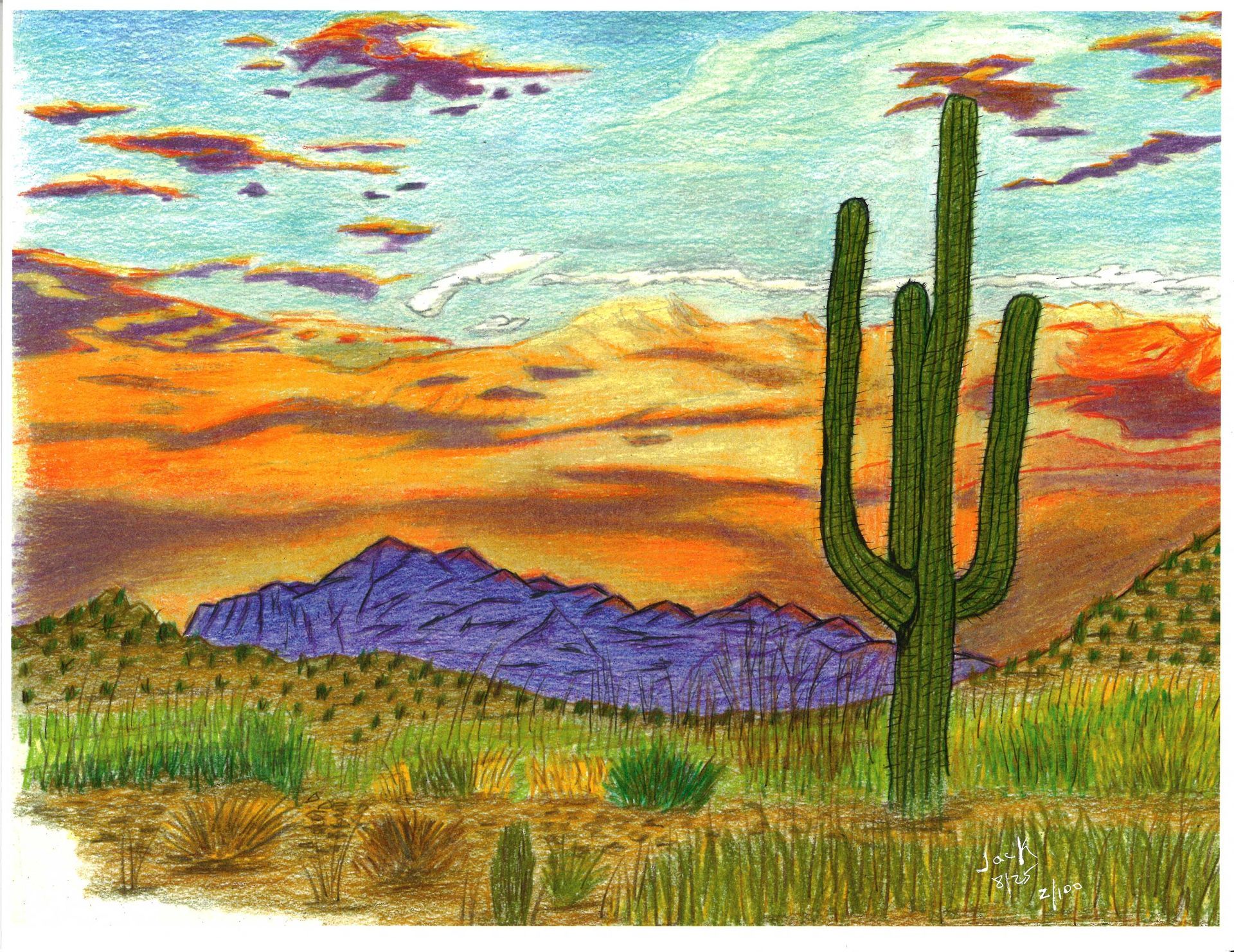 A desert landscape with a large saguaro cactus, purple mountains, and a vivid, colorful orange and blue sunset.
