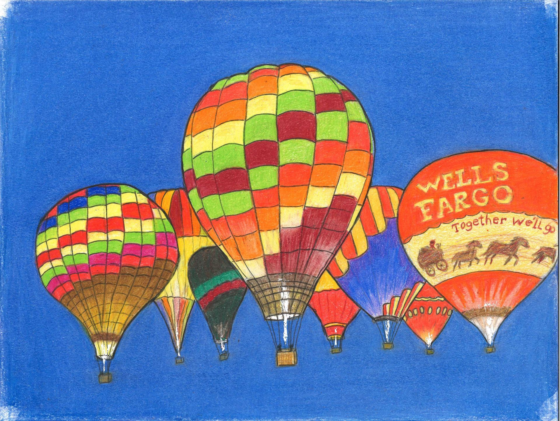 Multiple colorful, patterned hot air balloons float against a solid blue sky, including one branded with Wells Fargo.
