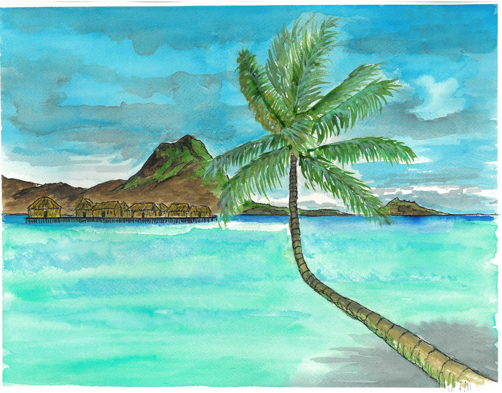 Tropical beach with turquoise water, palm tree, and distant mountains under a cloudy blue sky