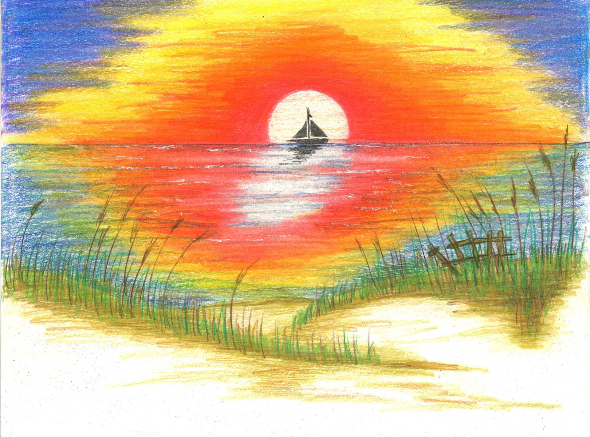 A sunset over a beach with grassy dunes, a small sailboat silhouetted on the horizon, and orange and blue sky.