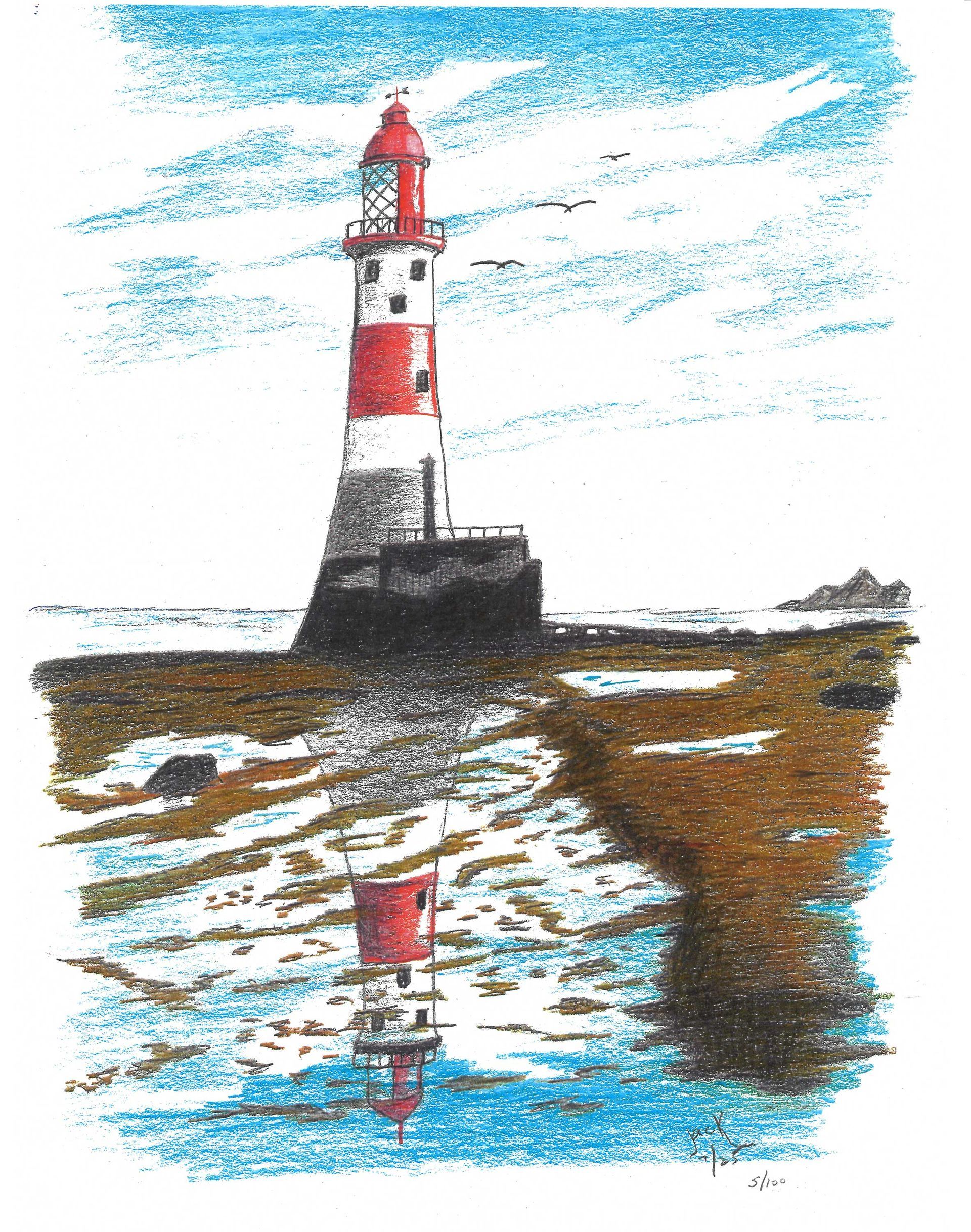 A red-and-white lighthouse stands on a rocky shore, its reflection shimmering in a foreground tide pool under a blue sky.