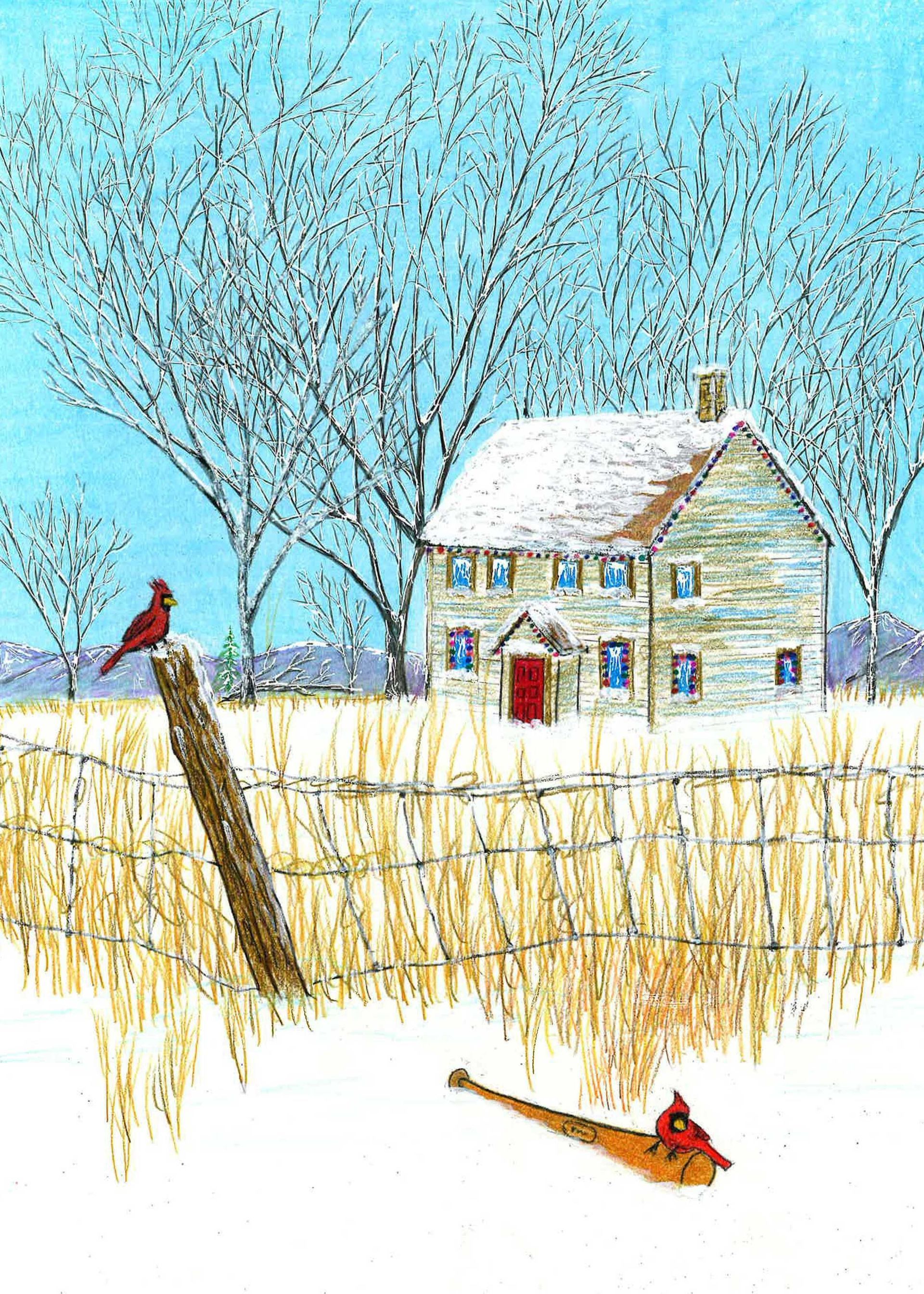 Two red cardinals perch near a snow-covered house and yellow field under a bright blue sky.