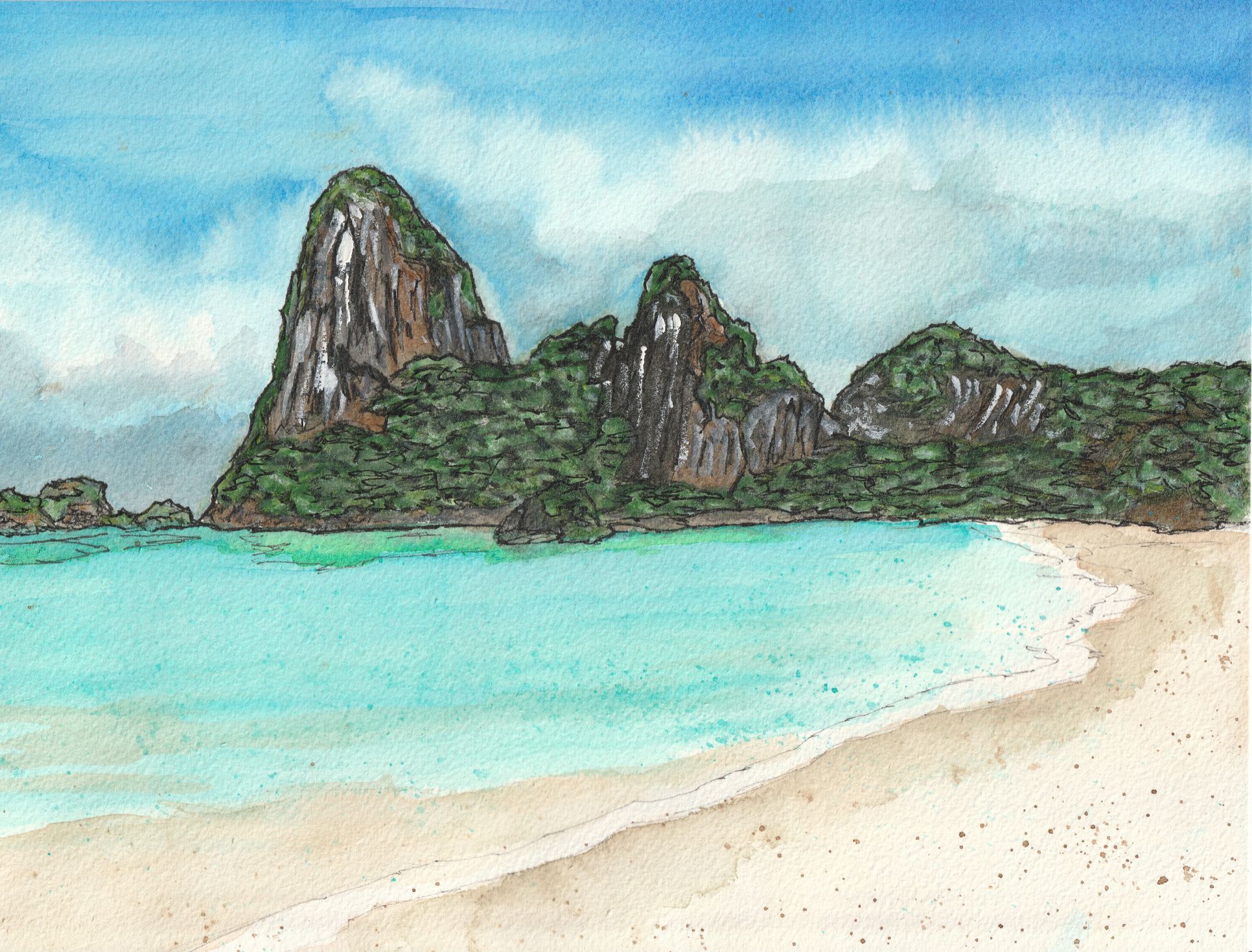 Tropical beach with turquoise water, white sand, and rocky green cliffs under a cloudy sky