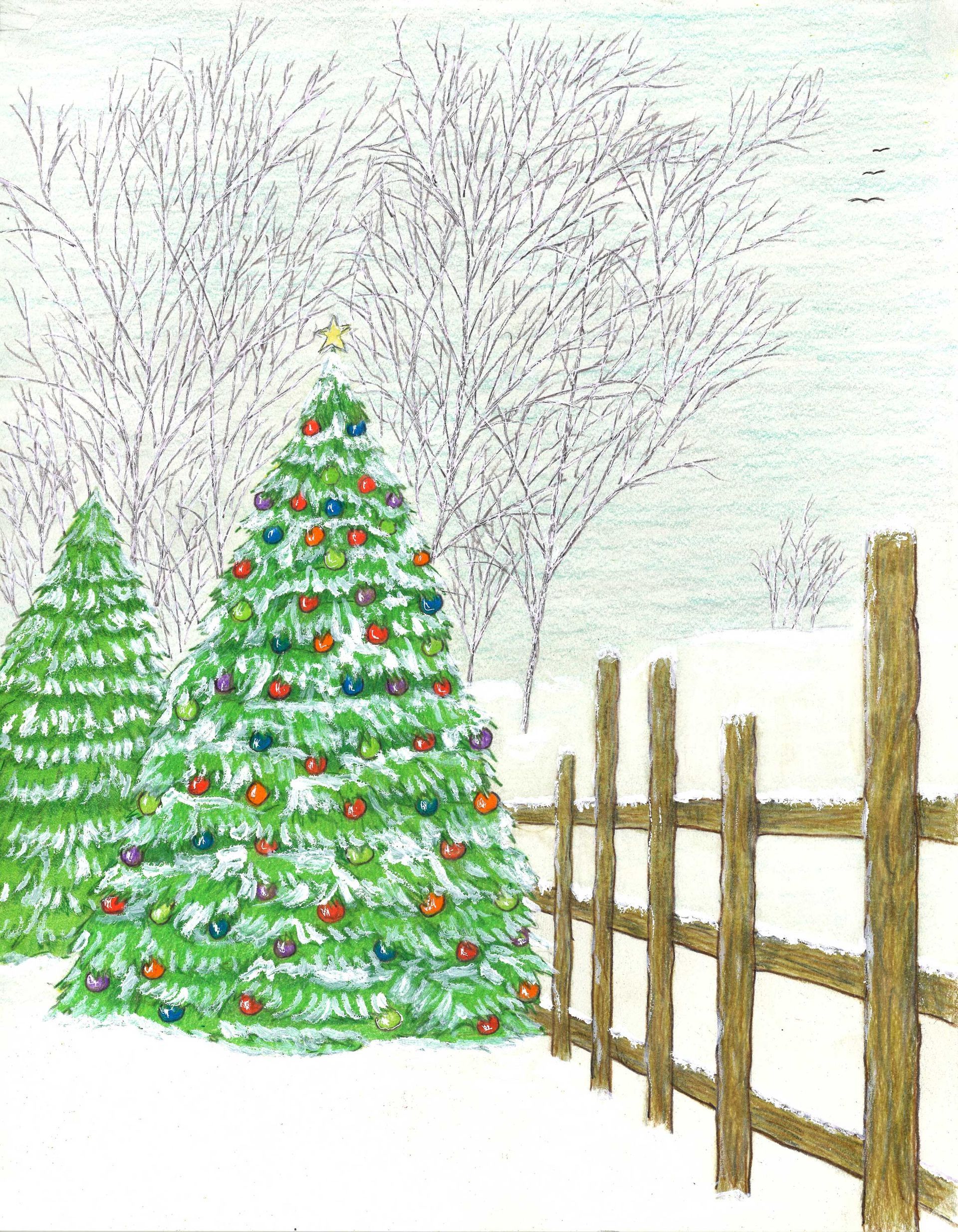 A decorated Christmas tree stands in a snowy field next to a wooden fence, with bare trees in the background.