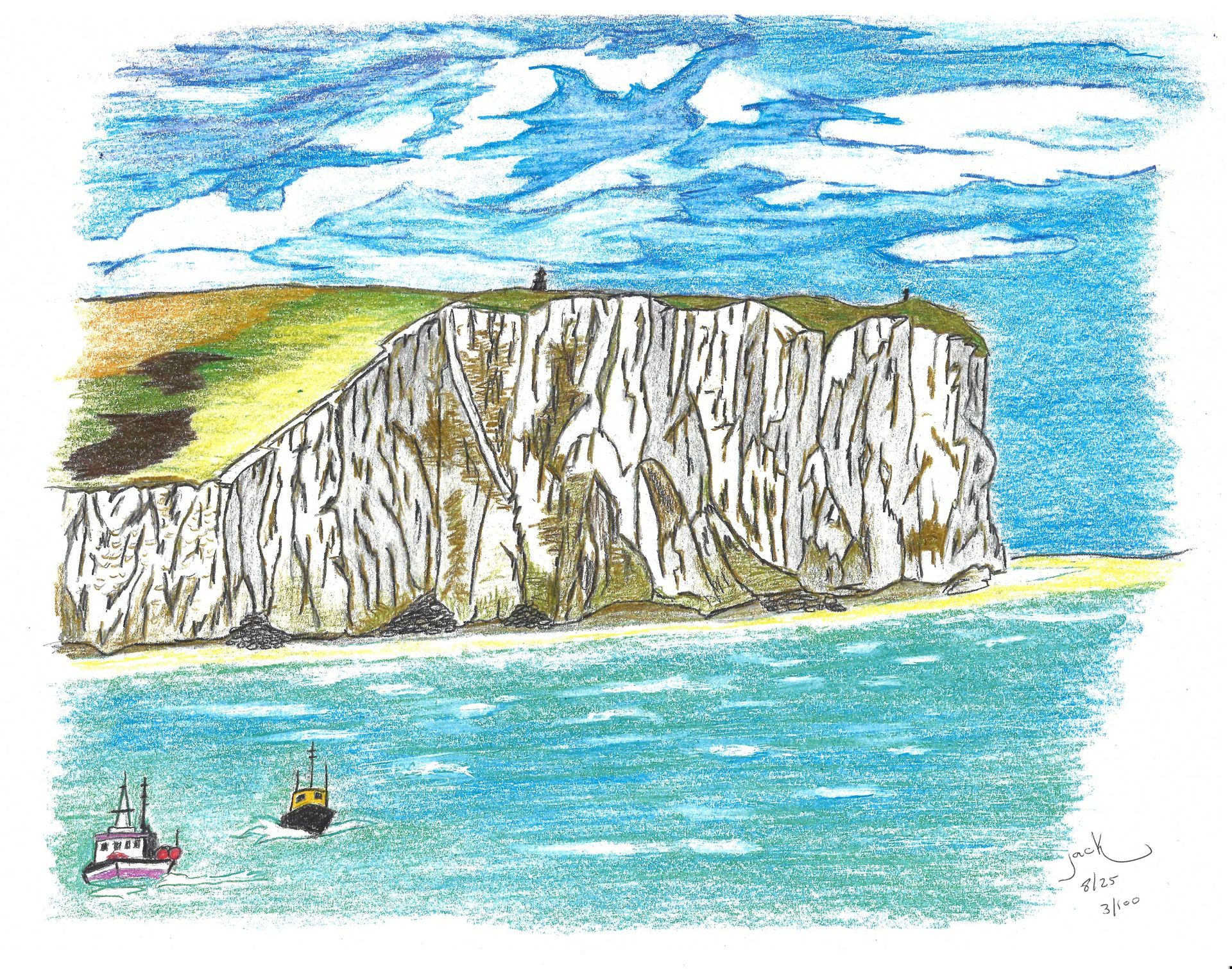 A colored sketch of steep white cliffs overlooking a blue sea with small boats near the sandy shore under a cloudy sky.