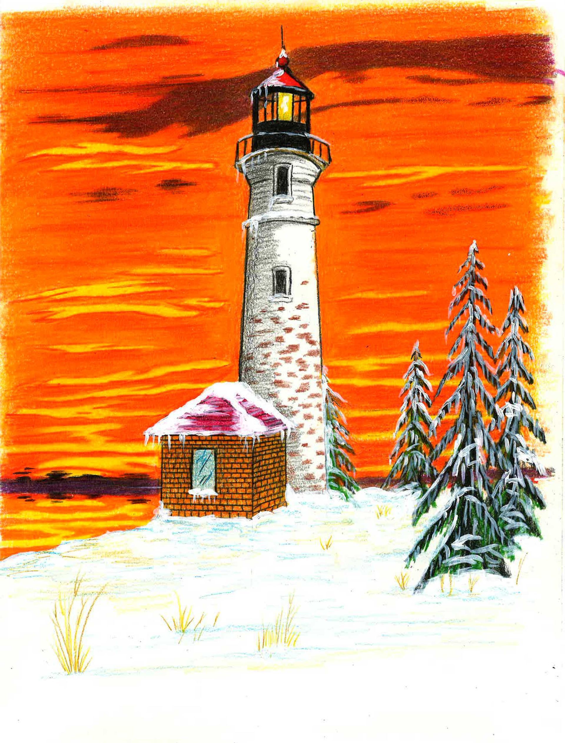 A stone lighthouse stands by a snowy shore with pine trees, set against a vibrant orange and red sunset sky.