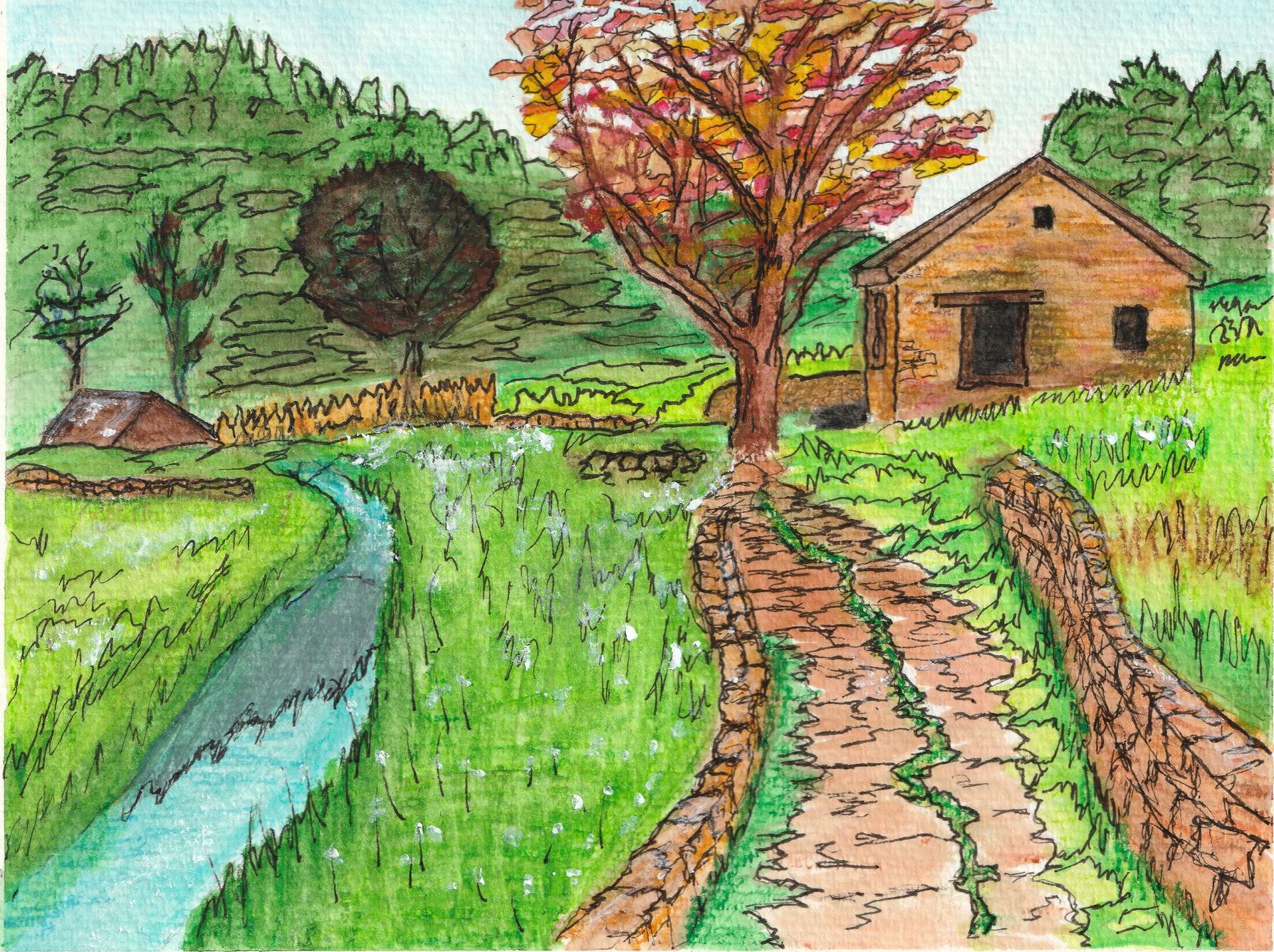 Countryside scene with a winding path, stream, trees, and a small house in autumn colors