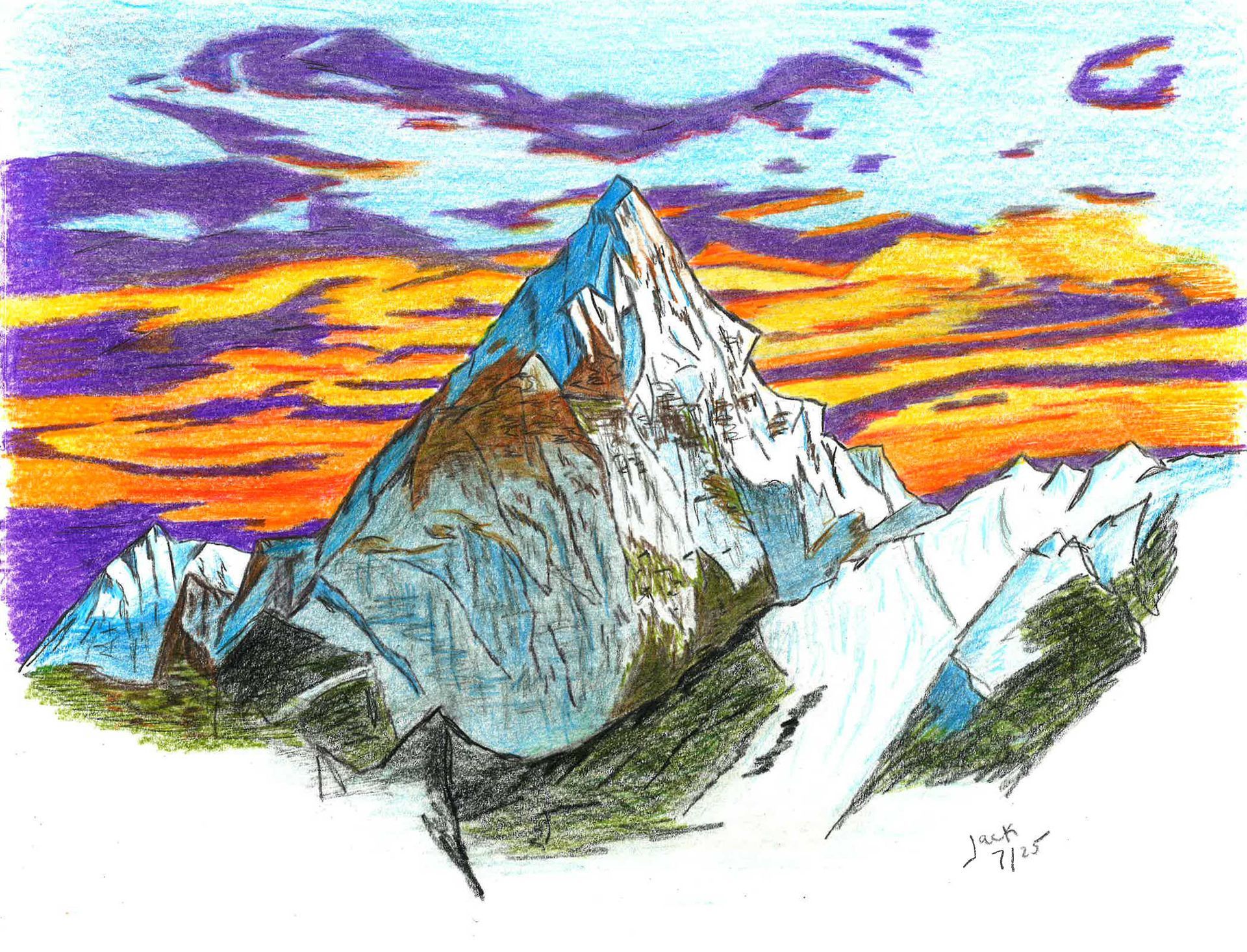 A stylized colored-pencil drawing of a snow-capped mountain peak against a vibrant sunset sky of orange and purple.