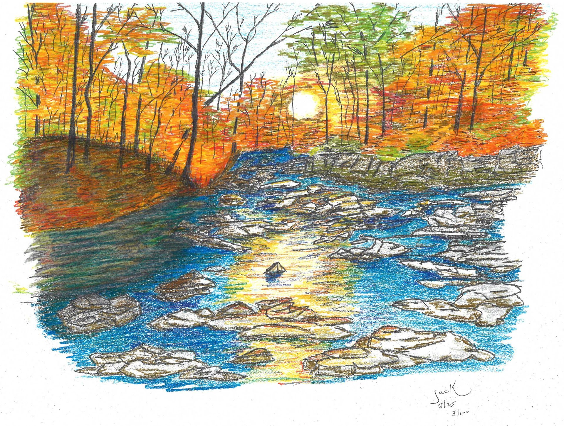A colored pencil drawing of a stream flowing through a dense autumn forest at sunset, with light reflecting on the water.