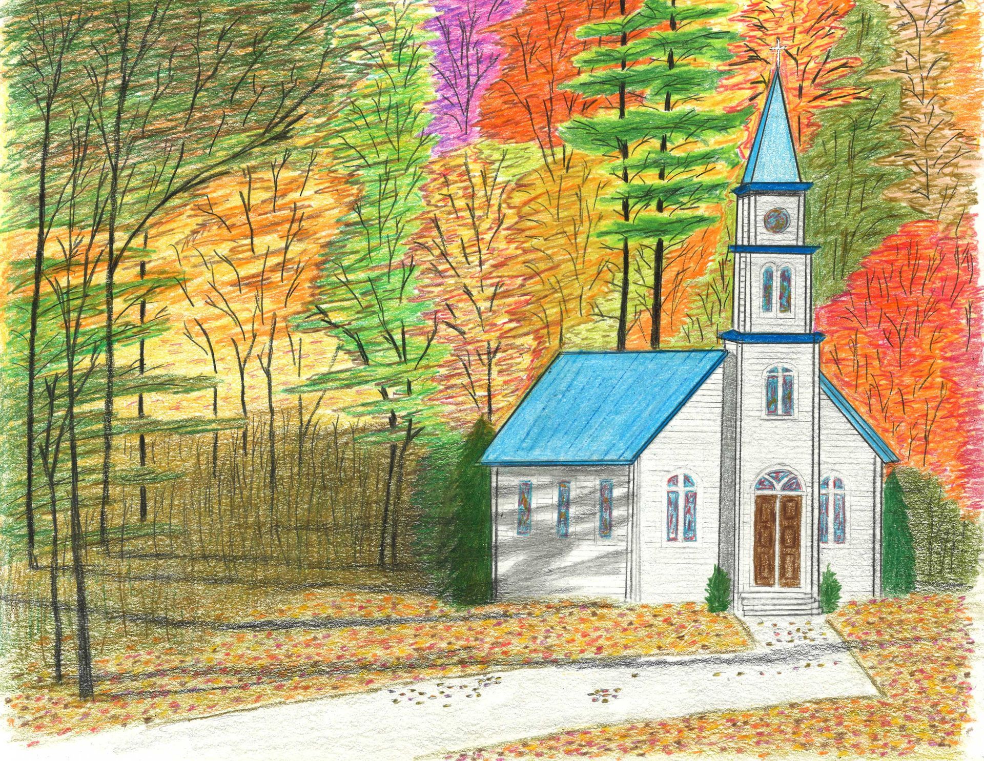 A white church with a blue roof and steeple stands surrounded by a vibrant, multi-colored autumn forest.