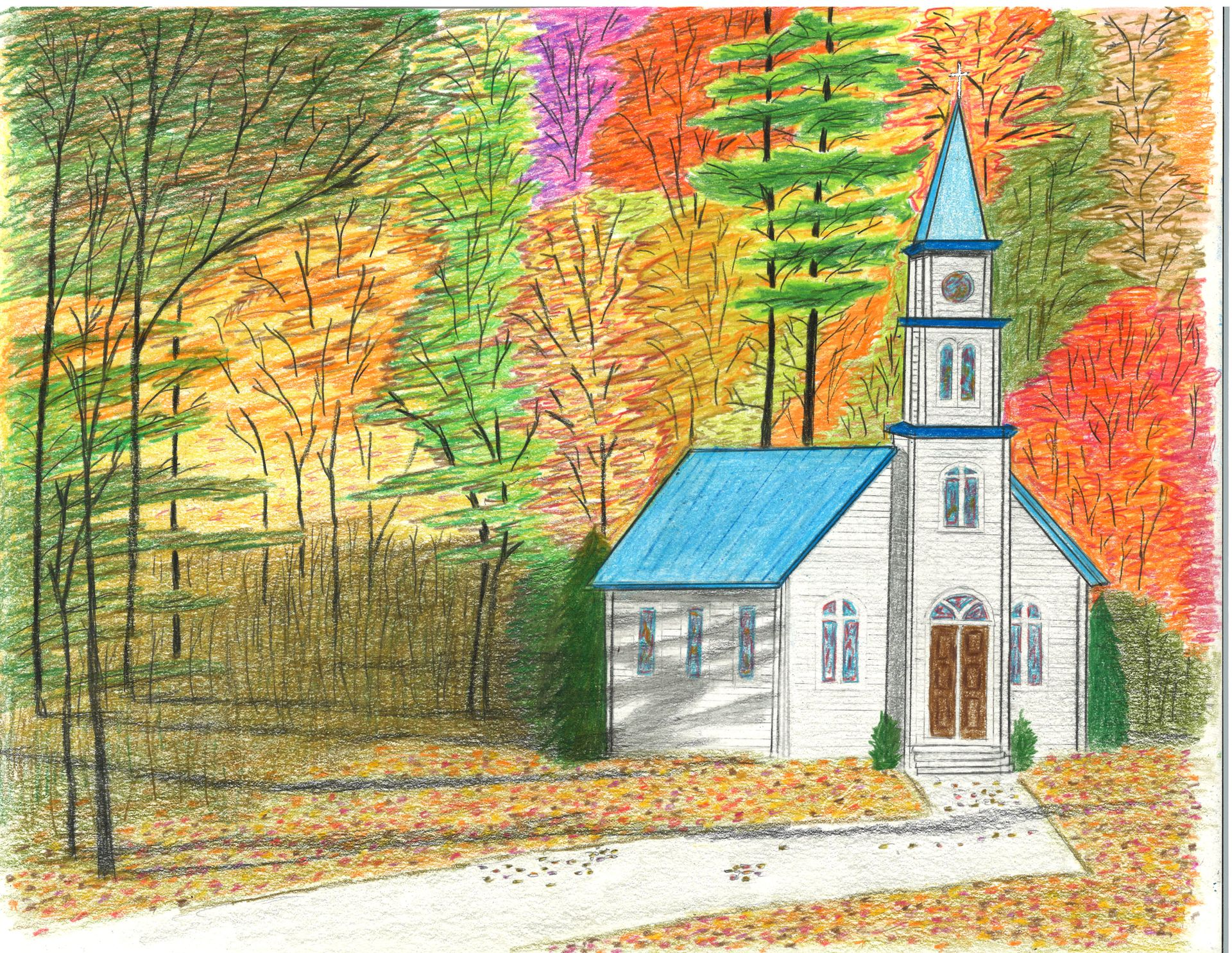 Small white church with blue roof and steeple amid colorful autumn trees, beside a winding road.