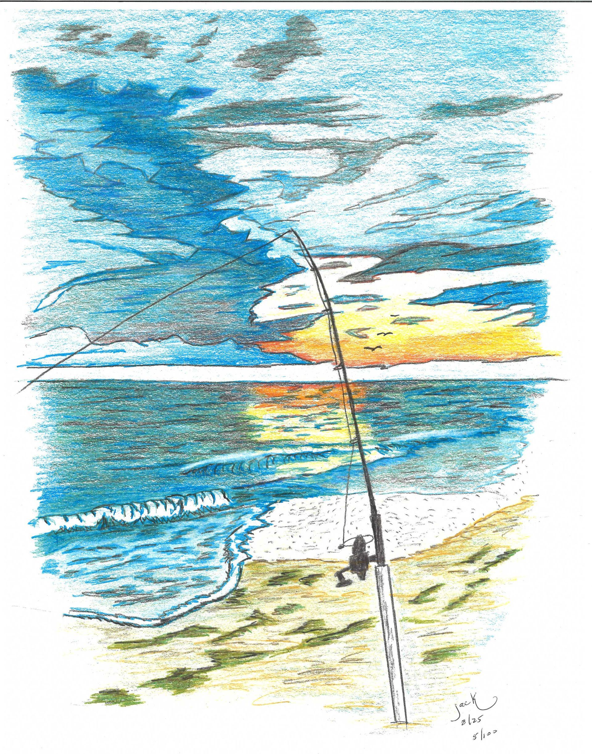 A fishing rod stands in the sand on a beach at sunset, with blue clouds overhead and a sunlit horizon over the water.