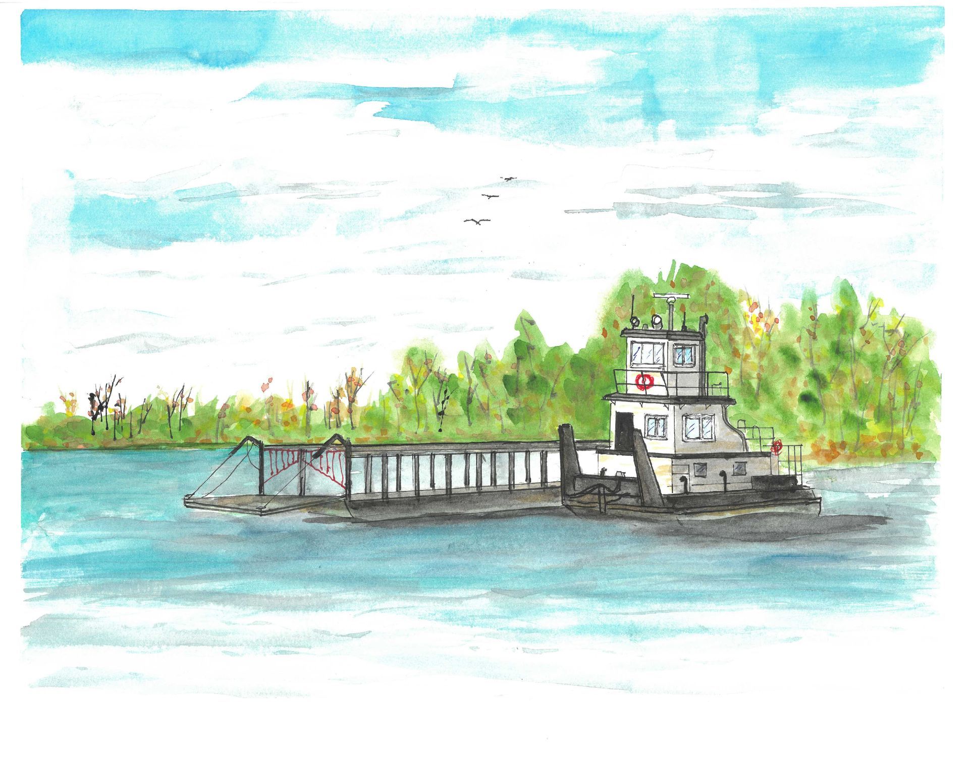 Sketch of a tugboat beside a dock on calm blue water, with green trees and a cloudy sky in the background
