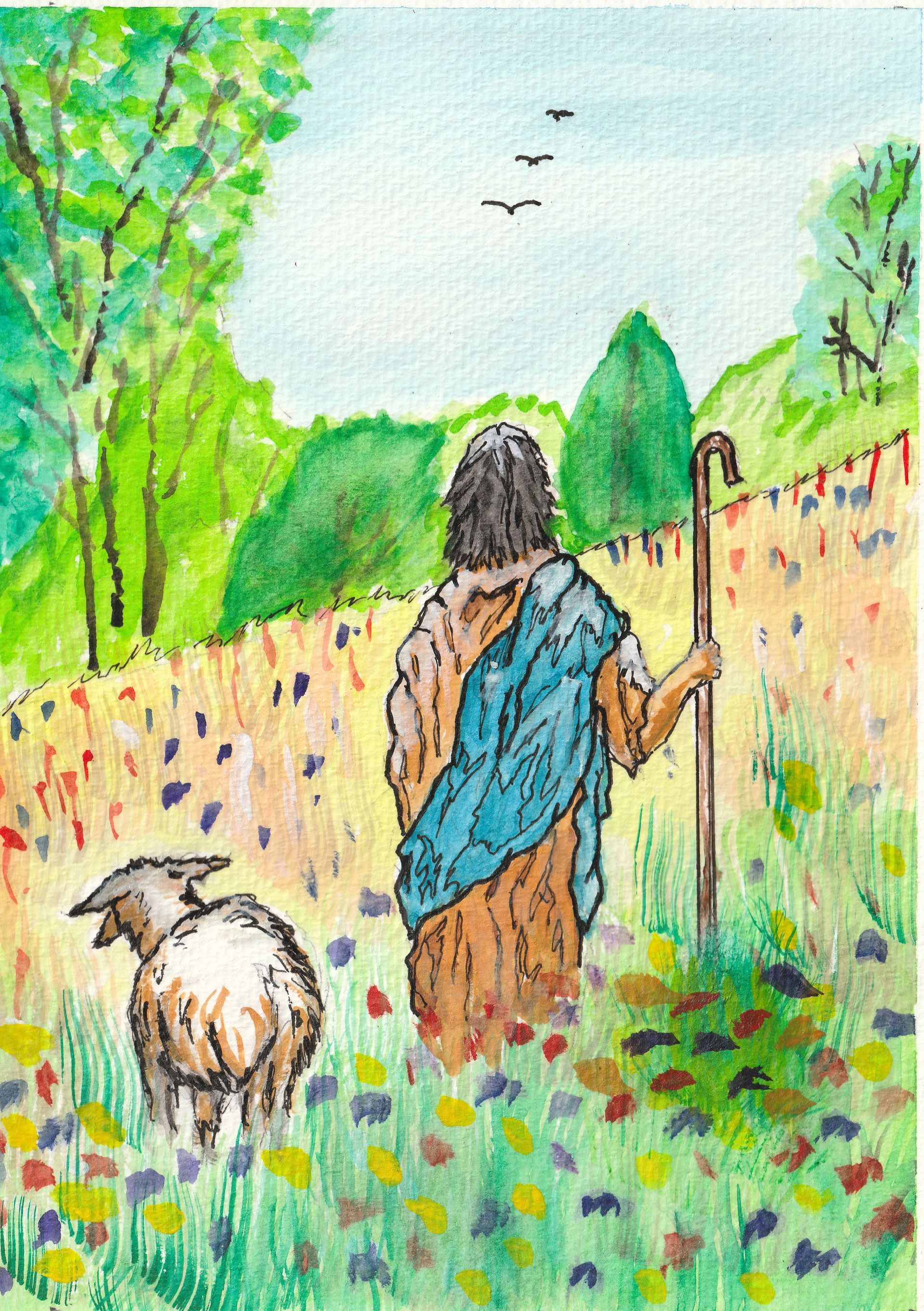 Shepherd walking with a staff beside a sheep in a green field under a bright sky.