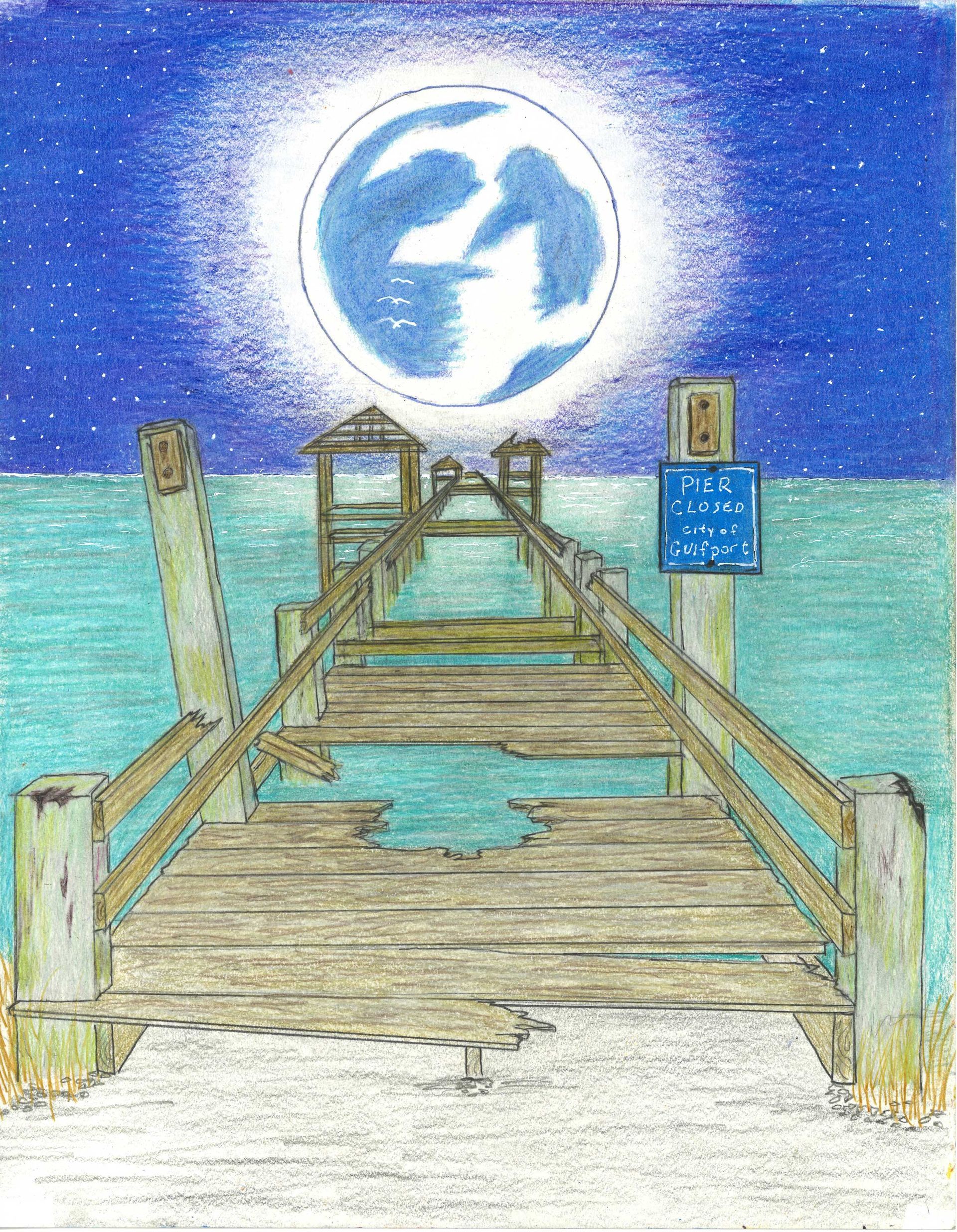 A colored pencil drawing of a wooden pier over calm turquoise water leading toward a large moon in a starry night sky.