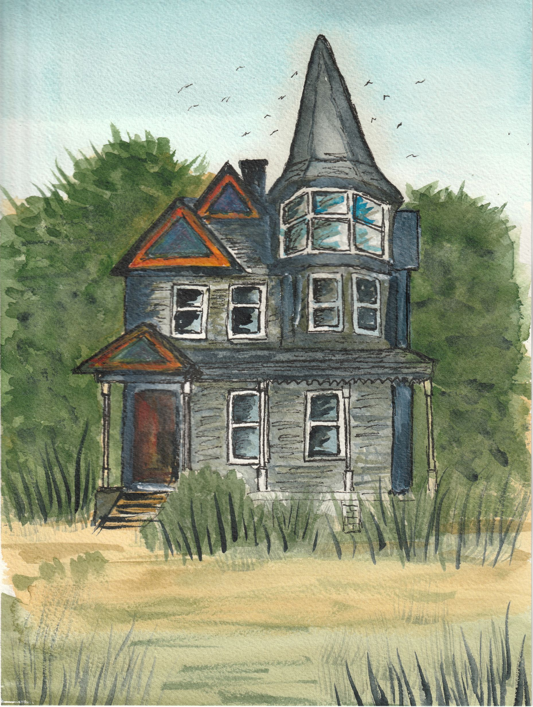 Watercolor of an old gray Victorian house with a pointed turret, red roof accents, and overgrown grass and trees.