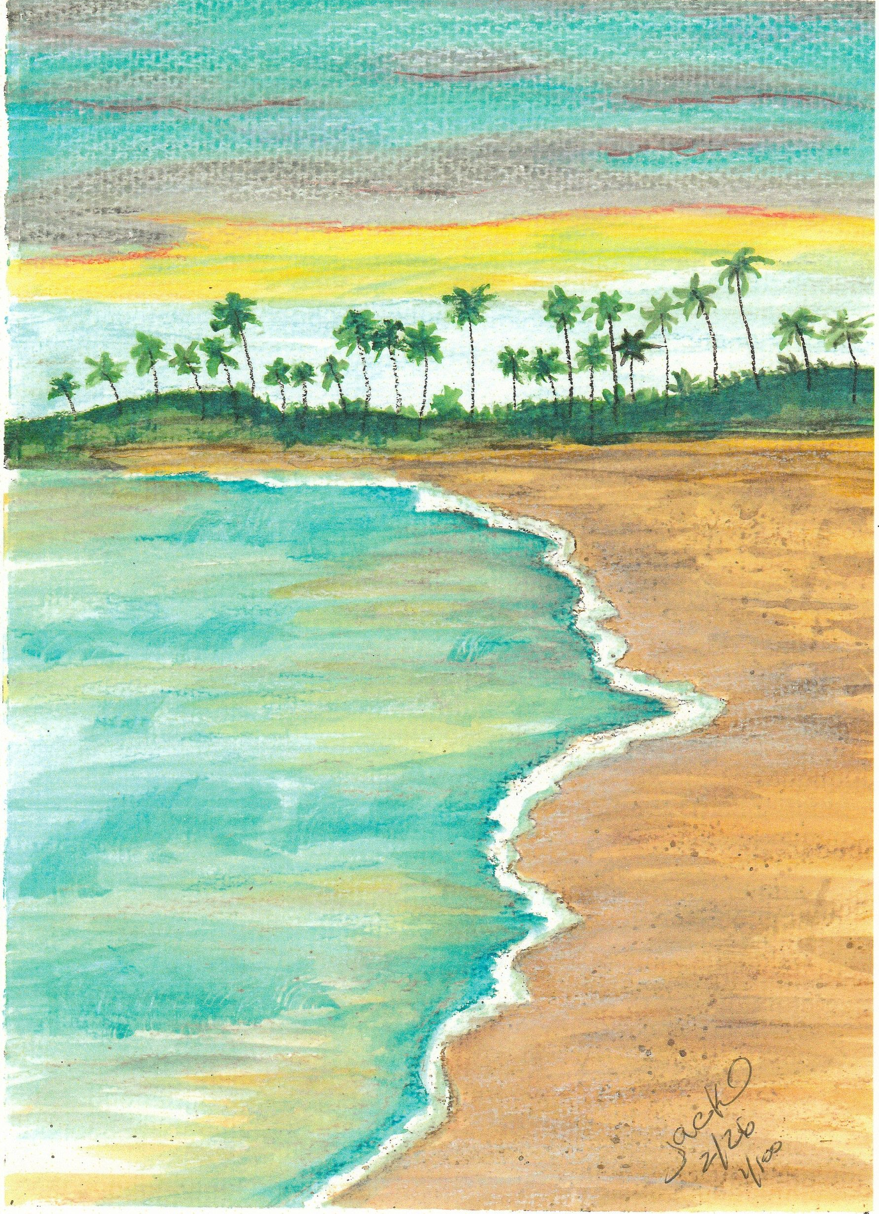 Pastel beach scene with turquoise water, sandy shore, palm trees, and a colorful sunset sky