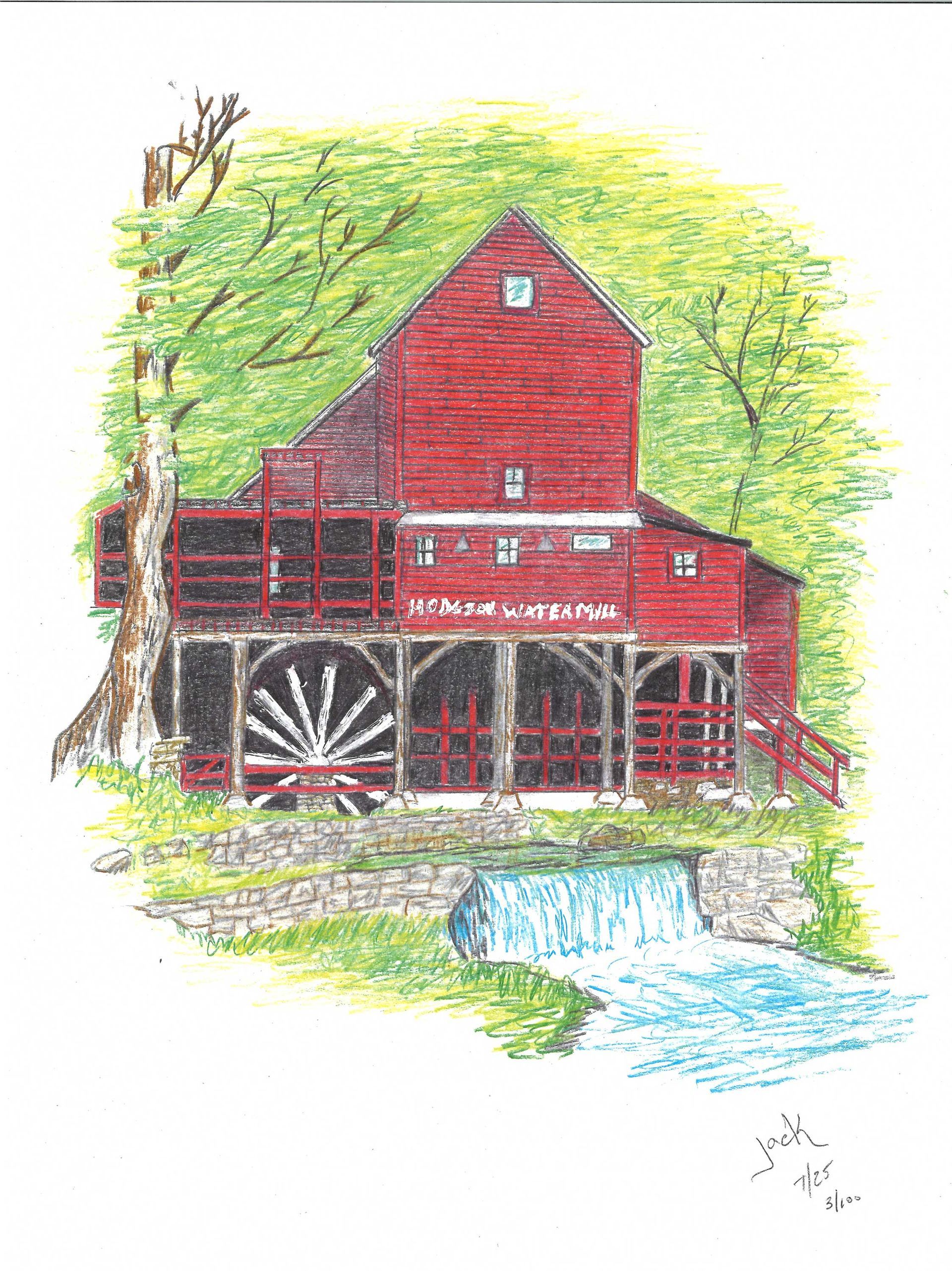 A color drawing of a rustic red wooden grist mill with a waterwheel, situated next to a small waterfall and trees.