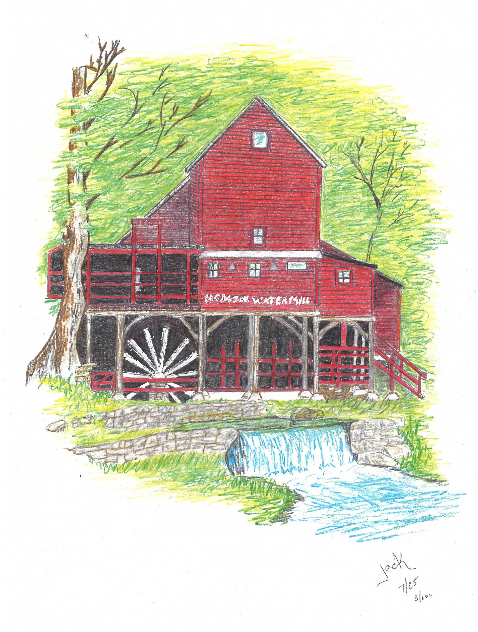 Colored drawing of a red wooden watermill with a large water wheel situated by a small waterfall and green trees.