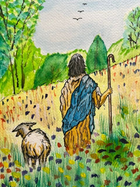 Shepherd walking a lamb through a colorful field of tall flowers toward distant trees and birds in the sky