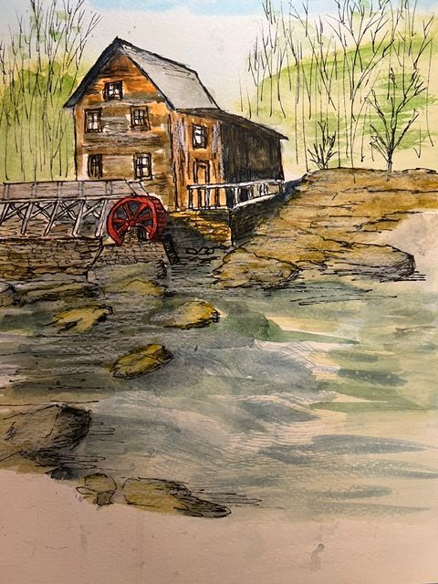 Watercolor of a rustic mill by a river, with a red waterwheel and bare winter trees.