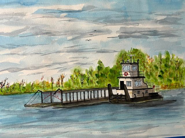 A small ferry crosses blue water under a cloudy sky with green shoreline in the background.