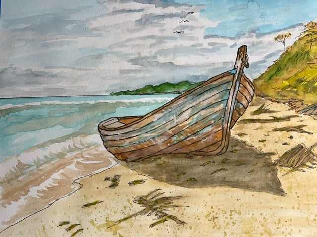 Weathered wooden boat on a sandy beach beside calm blue water and grassy dunes