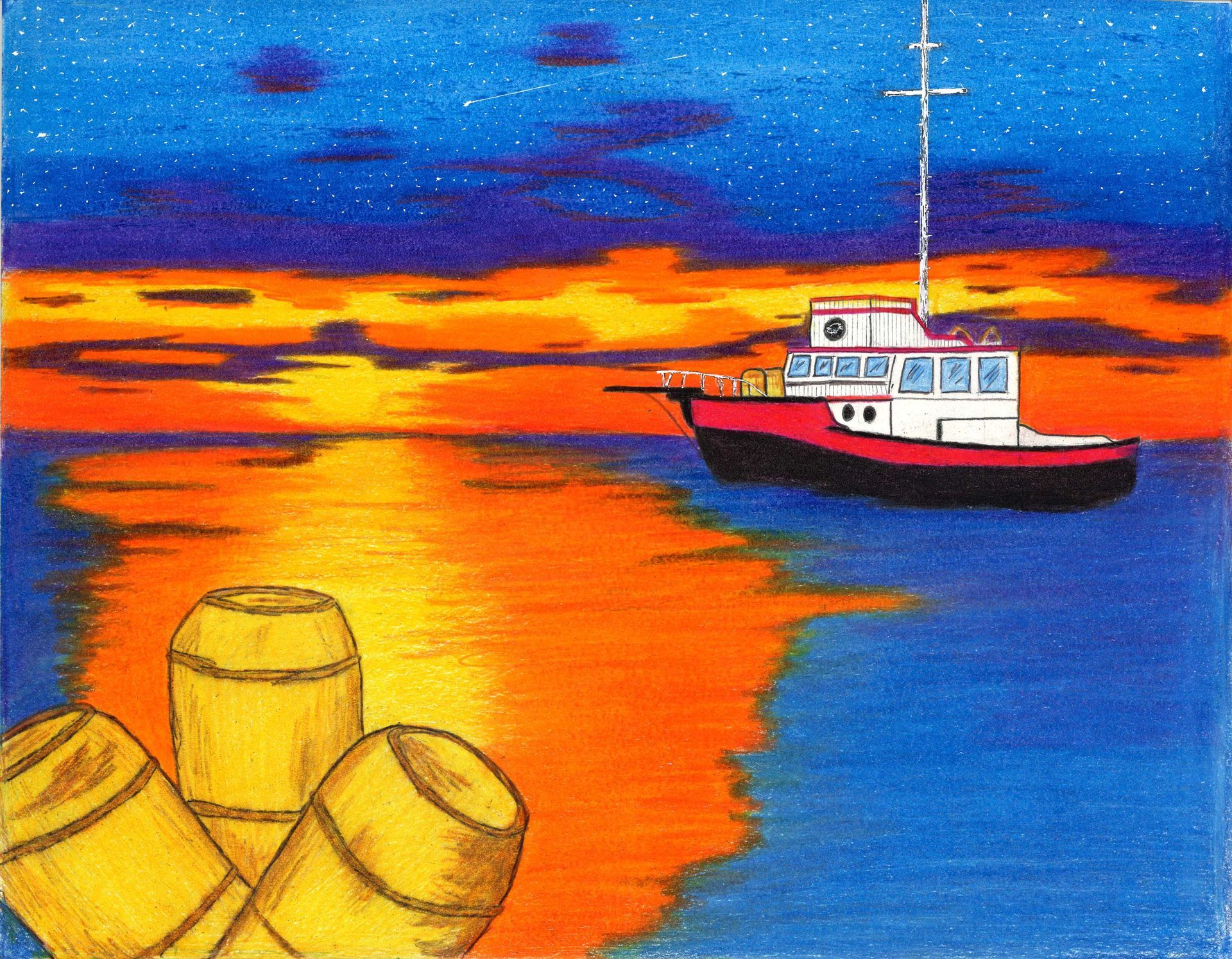 A boat floats on a dark blue sea at sunset with a bright orange reflection in the water and three yellow barrels nearby.