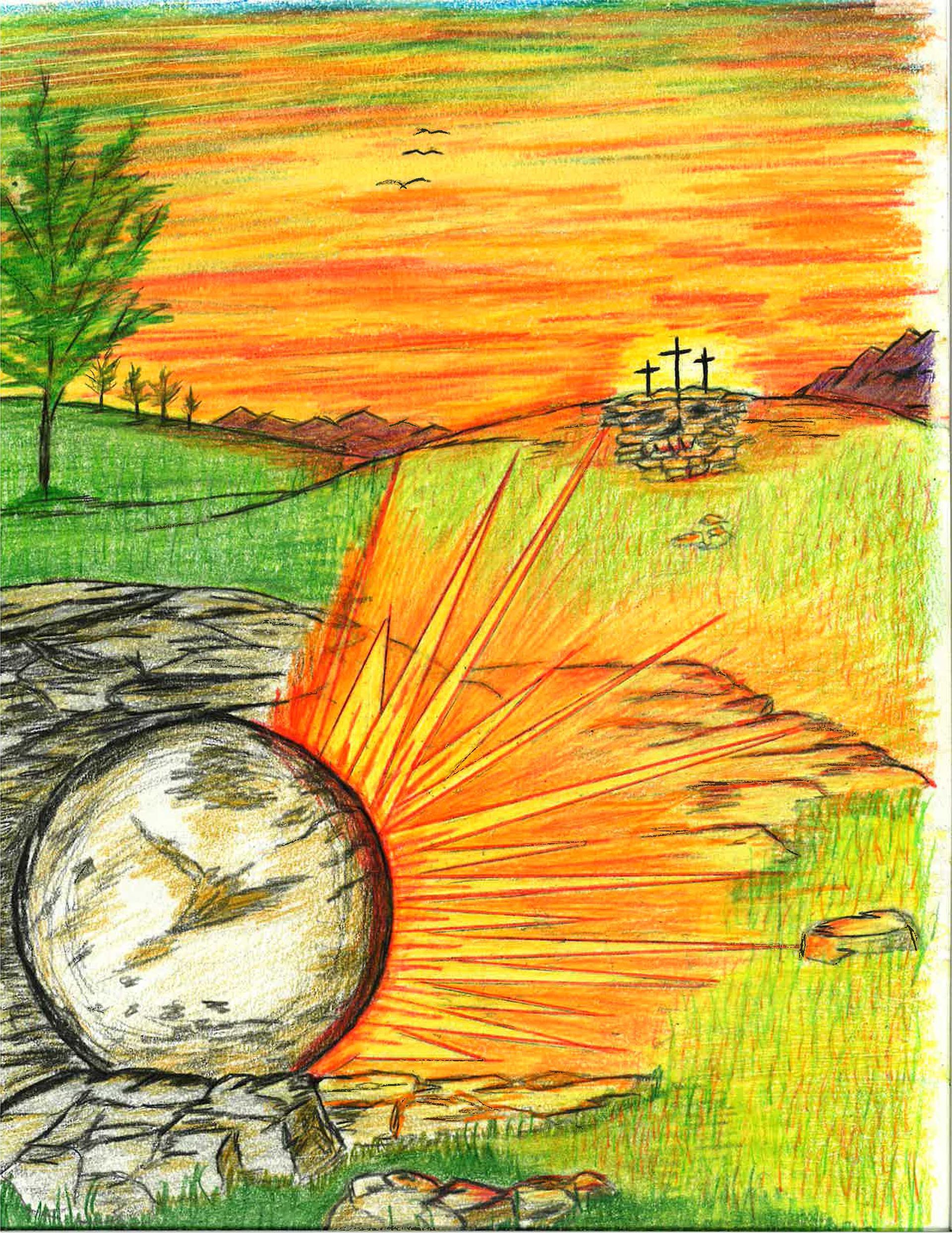 A tomb with a rolled-away stone emitting bright light, with three crosses visible in the distance under a golden sky.