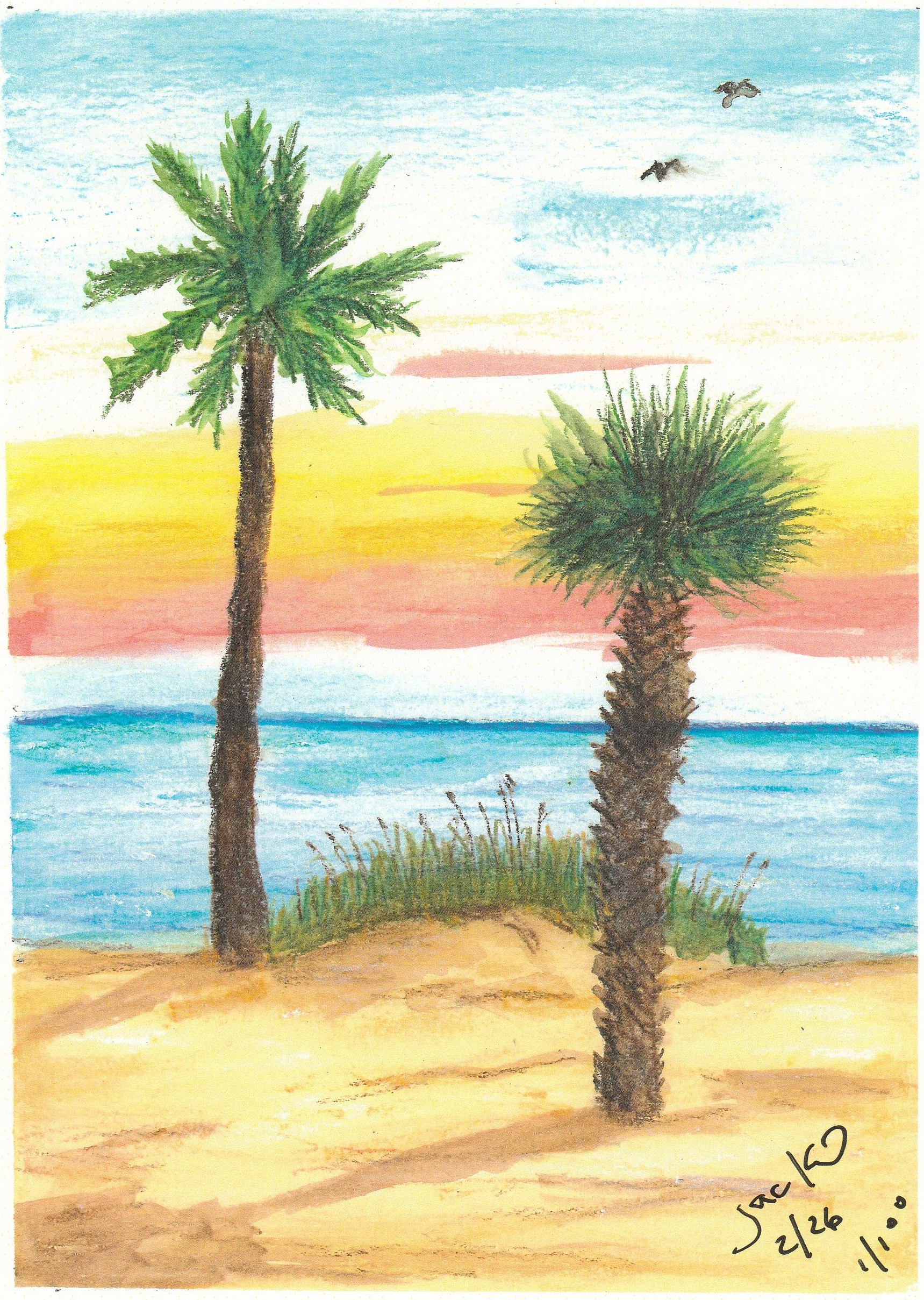 Two palm trees on a sandy beach at sunset, with blue water and a pastel sky.