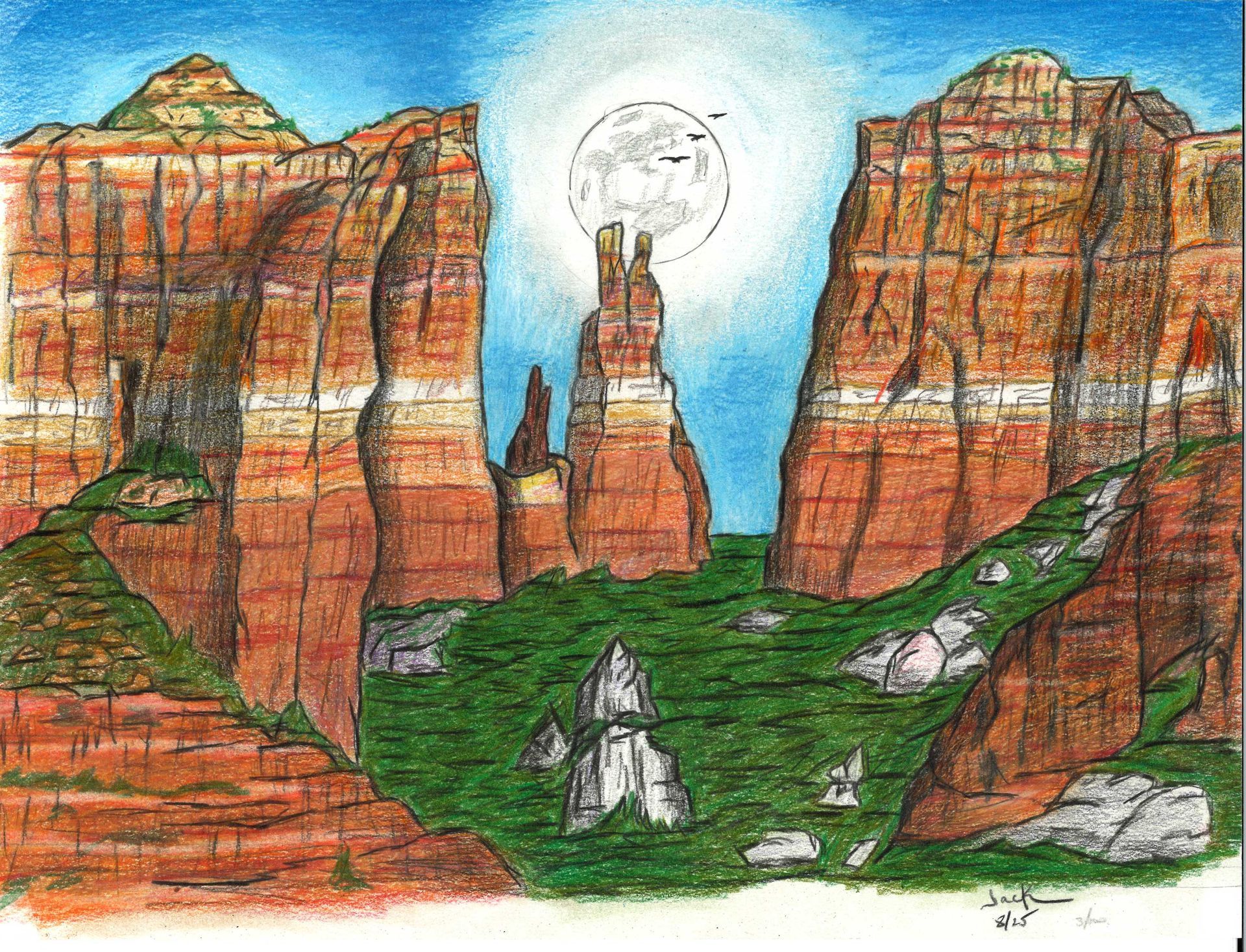 A colored pencil drawing of a desert canyon landscape with red rock formations, a green valley, and a bright sun overhead.