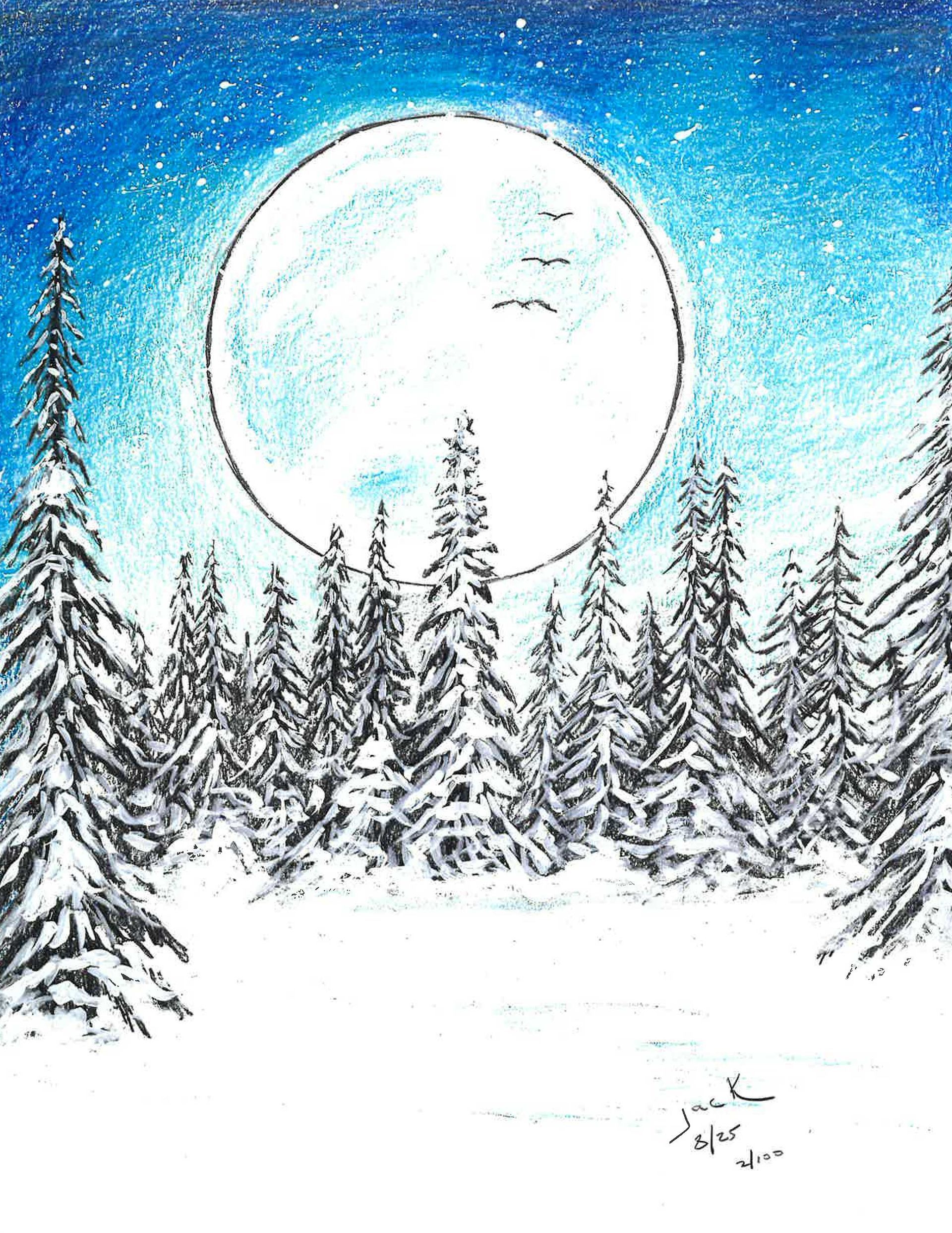 A snowy forest landscape at night with a large full moon in a deep blue sky and snow-covered evergreen trees.
