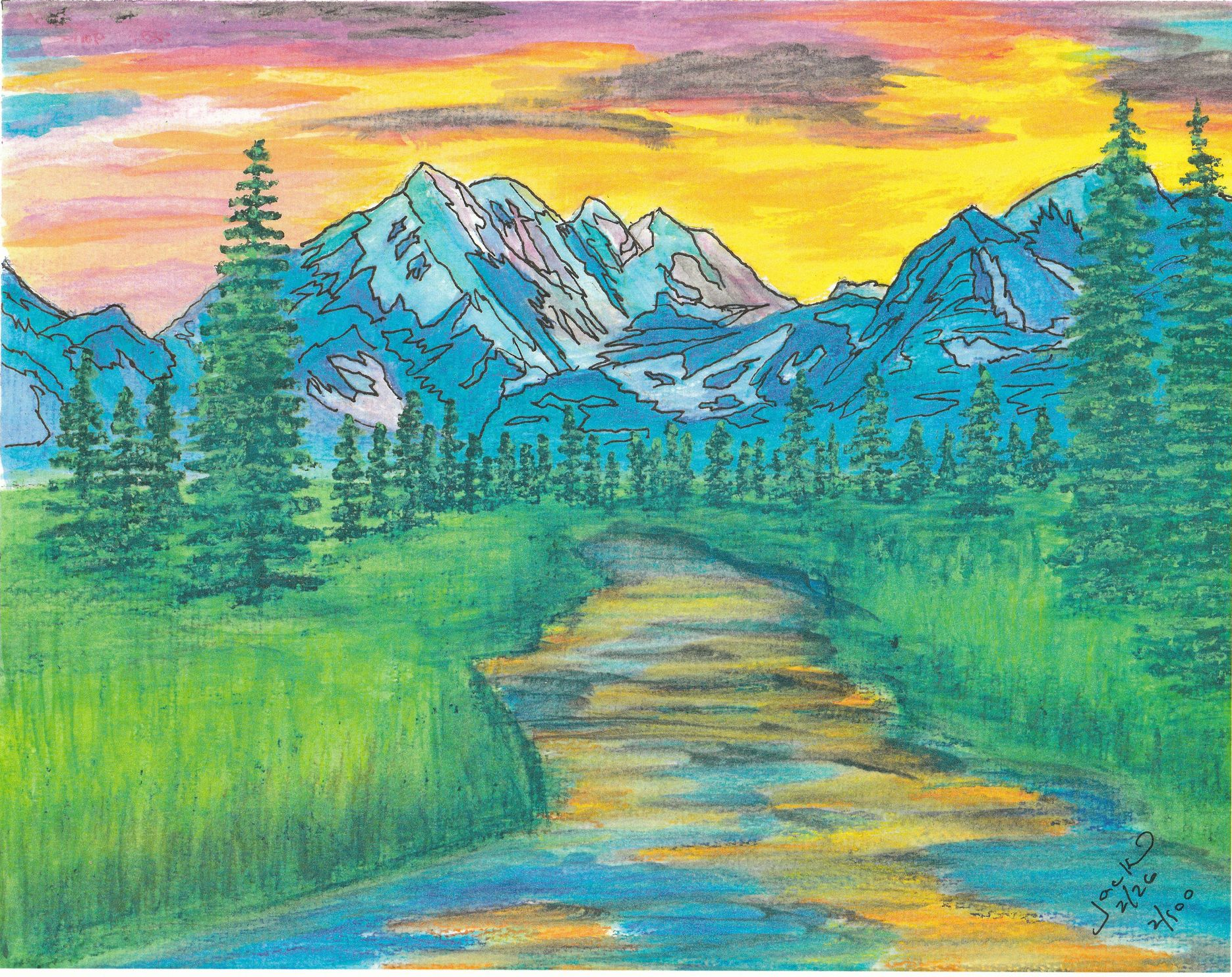 Colorful mountain landscape with pine trees, a winding stream, and a pink-orange sky