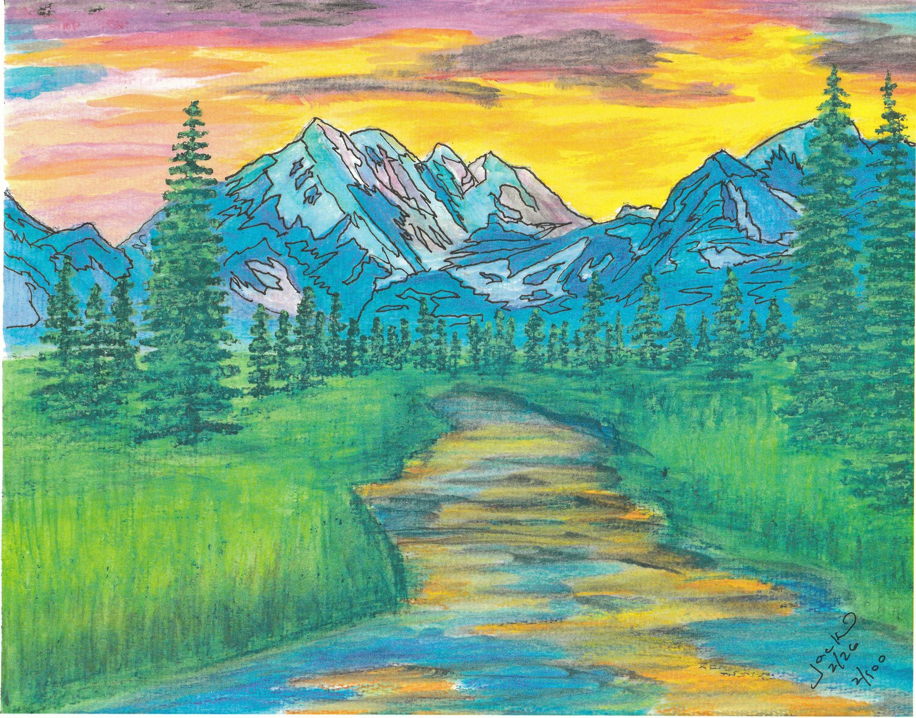 Colorful landscape of a mountain range, pine trees, and a winding stream under a vibrant sunset sky