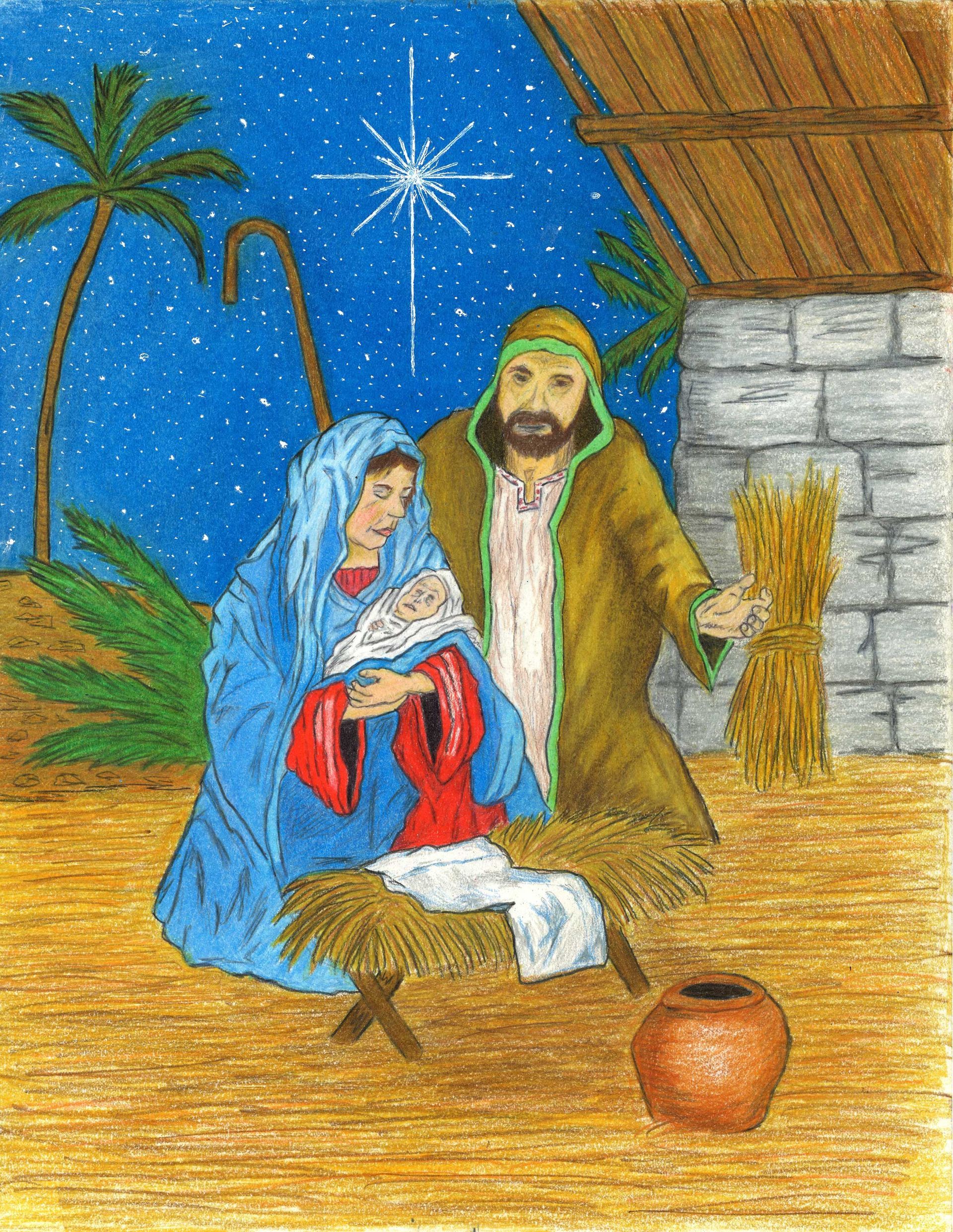 A nativity scene with parents standing over an infant in a manger under a bright star in a starry night sky.