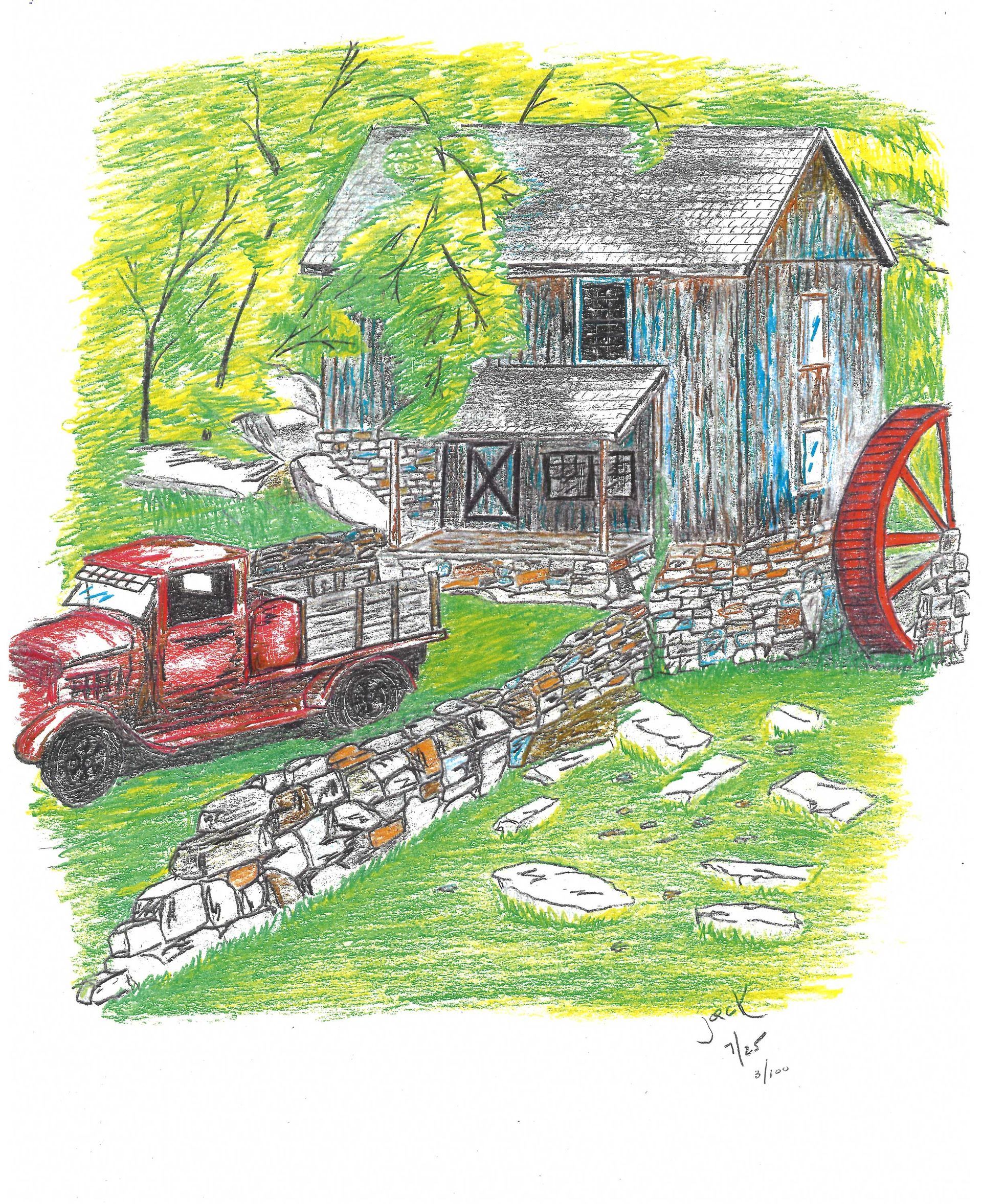 A red vintage truck parked next to a rustic wooden mill with a red water wheel, surrounded by lush green trees and rocks.