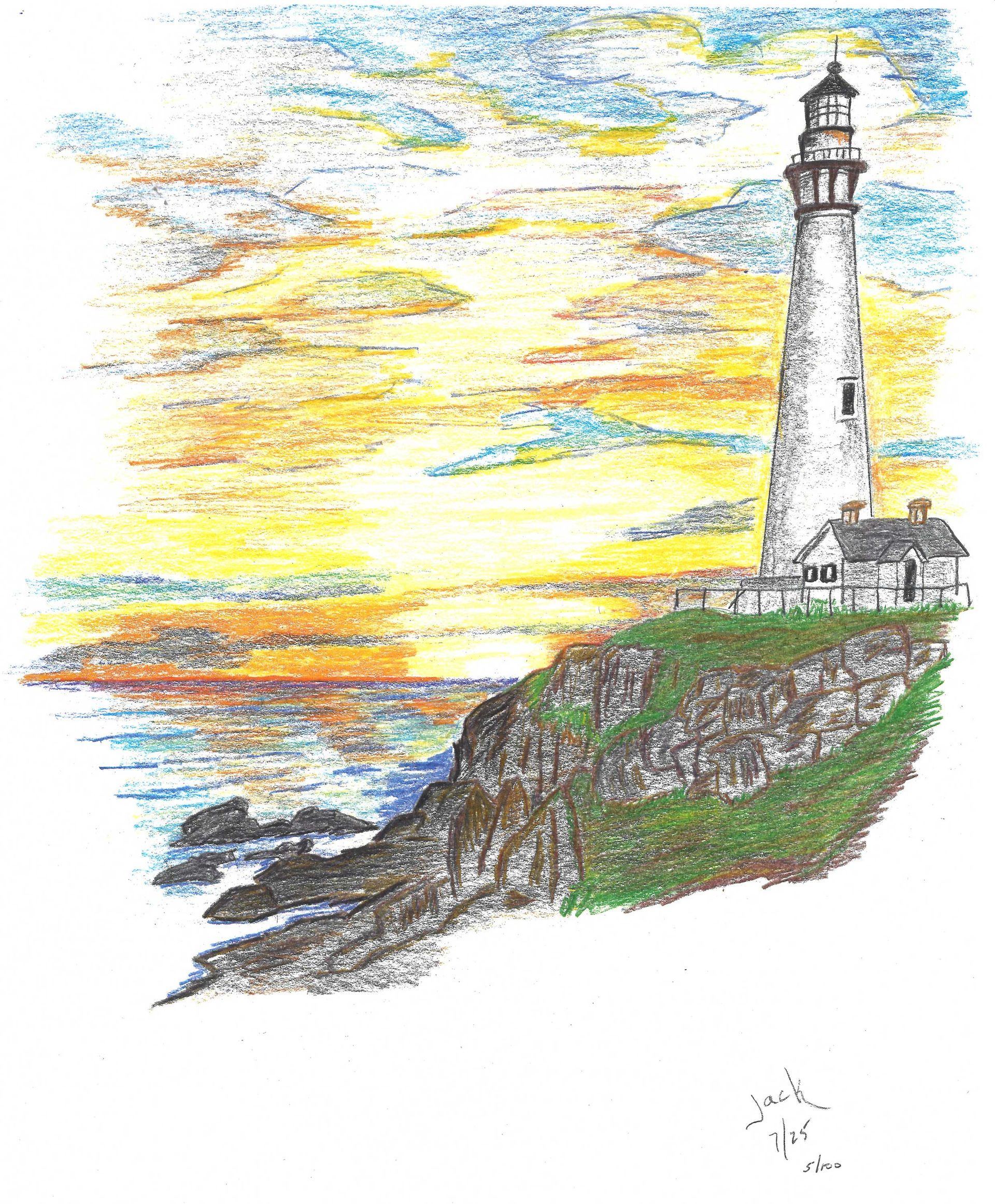 A pointillist drawing of a lighthouse atop a cliff overlooking a calm ocean during a yellow and orange sunset.